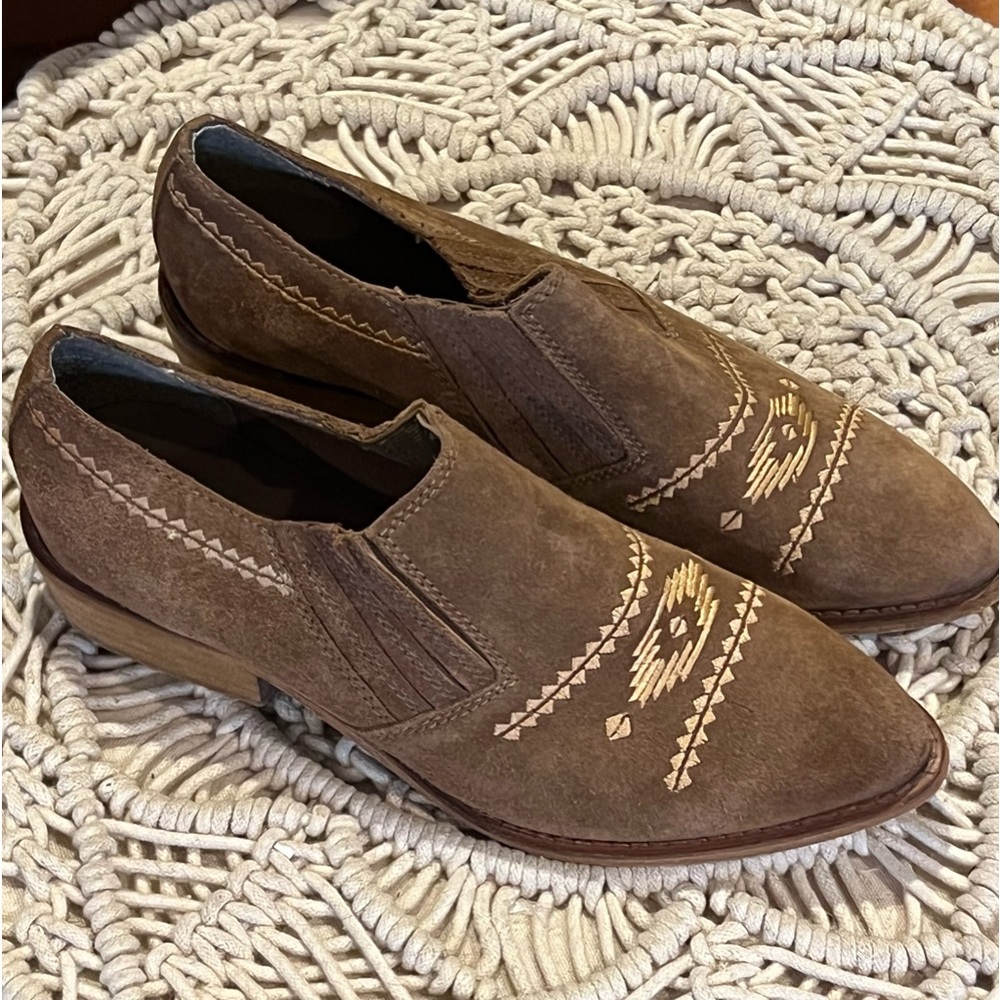 naughty monkey Brown Suede Slip-On Ankle Booties with Cream Embroidered Detail